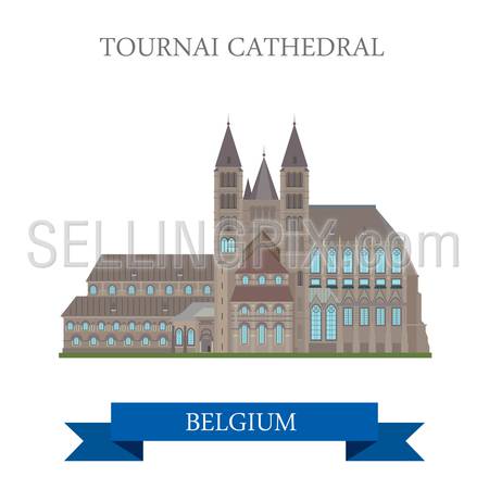 Tournai Cathedral in Belgium. Flat cartoon style historic sight showplace attraction web site vector illustration. World countries cities vacation travel sightseeing collection.
