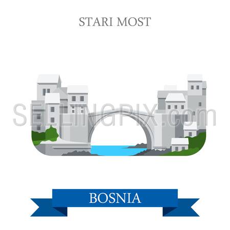 Stari Most aka Old Bridge in Mostar Bosnia and Herzegovina. Flat cartoon style historic sight showplace attraction web site vector illustration. World countries cities vacation sightseeing collection.