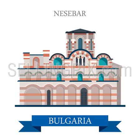 Church of Christ Pantocrator Nesebar in Bulgaria. Flat cartoon style historic sight showplace attraction web site vector illustration. World countries cities vacation travel sightseeing collection.