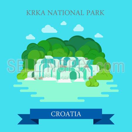 KRKA National Park in Croatia. Flat cartoon style historic sight showplace attraction web site vector illustration. World countries cities vacation travel sightseeing collection.
