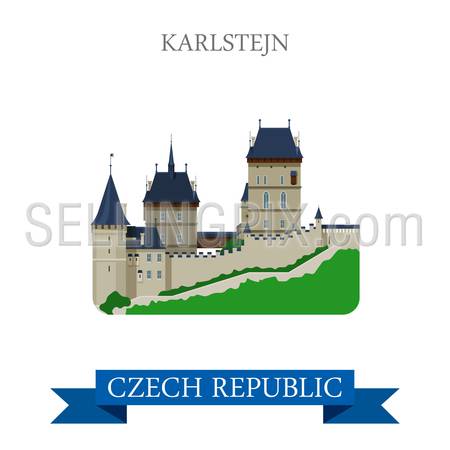Karlstejn Castle in Czech Republic. Flat cartoon style historic sight showplace attraction landmarks web site vector illustration. World countries cities vacation travel sightseeing collection.