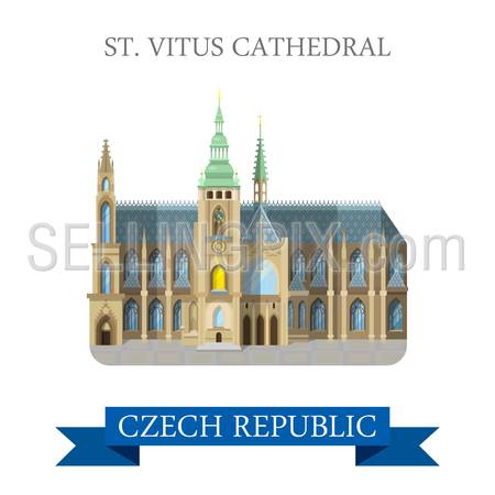 St Vitus Cathedral in Prague Czech Republic. Flat cartoon style historic sight showplace attraction landmarks web site vector illustration. World countries cities vacation travel sightseeing collection.