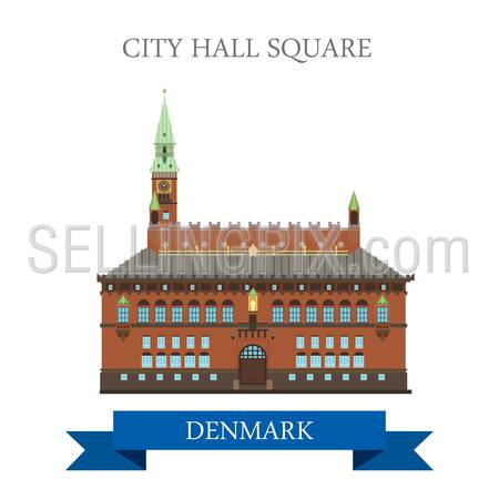 City Hall Square in Copenhagen Denmark. Flat cartoon style historic sight showplace attraction landmarks web site vector illustration. World countries cities vacation travel sightseeing collection.