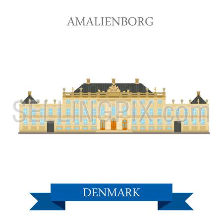 Amalienborg in Copenhagen Denmark. Flat cartoon style historic sight showplace attraction landmarks web site vector illustration. World countries cities vacation travel sightseeing collection.