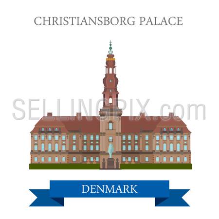 Christiansborg Palace in Copenhagen Denmark. Flat cartoon style historic sight showplace attraction landmarks web site vector illustration. World countries cities vacation travel sightseeing collection.