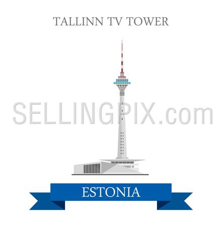 Tallinn TV Tower in Estonia. Flat cartoon style historic sight showplace attraction landmarks web site vector illustration. World countries cities vacation travel sightseeing collection.