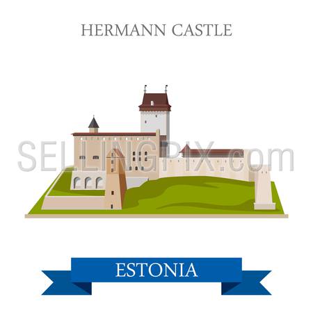 Hermann Castle in Estonia. Flat cartoon style historic sight showplace attraction landmarks web site vector illustration. World countries cities vacation travel sightseeing collection.