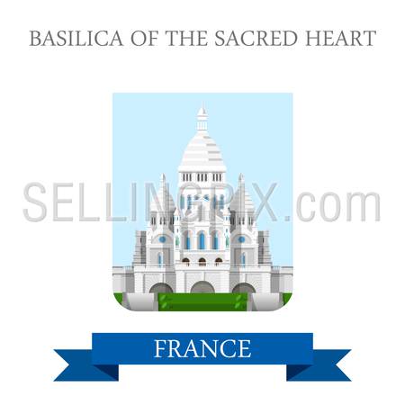 Basilica of the Sacred Heart in Paris France. Flat cartoon style historic sight showplace attraction landmarks web site vector illustration. World countries cities vacation travel sightseeing collection.