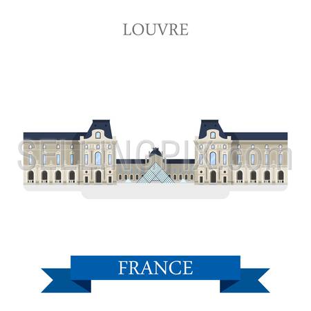 Louvre Museum in Paris France. Flat cartoon style historic sight showplace attraction landmarks web site vector illustration. World countries cities vacation travel sightseeing collection.