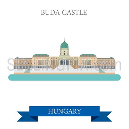 Buda Castle in Budapest Hungary. Flat cartoon style historic sight showplace attraction landmarks web site vector illustration. World countries cities vacation travel sightseeing collection.