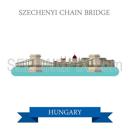 Szechenyi Chain Bridge in Budapest, Hungary. Flat cartoon style historic sight showplace attraction landmarks web site vector illustration. World countries cities vacation travel sightseeing collection.