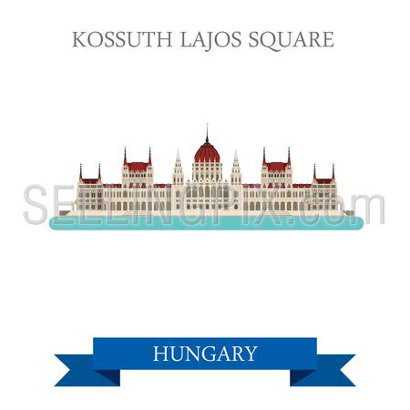 Kossuth Lajos Square in Budapest, Hungary. Flat cartoon style historic sight showplace attraction landmarks web site vector illustration. World countries cities vacation travel sightseeing collection.