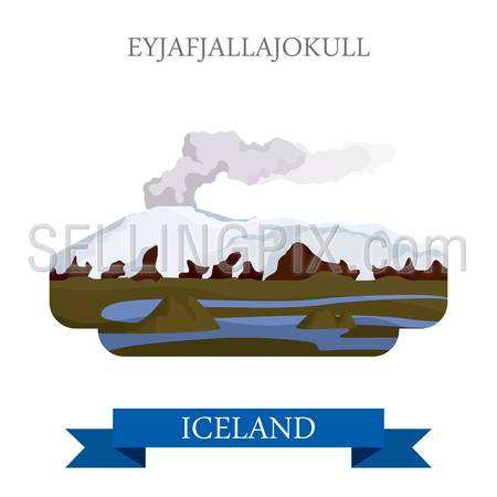 Eyjafjallajokull volcano in Iceland. Flat cartoon style historic sight showplace attraction landmarks web site vector illustration. World countries cities vacation travel sightseeing collection.