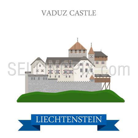 Vaduz Castle in Liechtenstein. Flat cartoon style historic sight showplace attraction landmarks web site vector illustration. World countries cities vacation travel sightseeing collection.