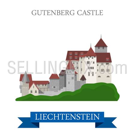 Gutenberg Castle in Liechtenstein. Flat cartoon style historic sight showplace attraction landmarks web site vector illustration. World countries cities vacation travel sightseeing collection.
