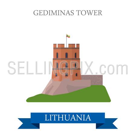 Gediminas Tower in Lithuania. Flat cartoon style historic sight showplace attraction landmarks web site vector illustration. World countries cities vacation travel sightseeing collection.