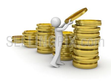 Man collecting money (finance series isolated character and coins on white background)