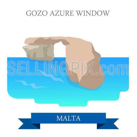 Gozo Azure Window in Malta. Flat cartoon style historic sight showplace attraction web site vector illustration. World countries cities vacation travel sightseeing collection.