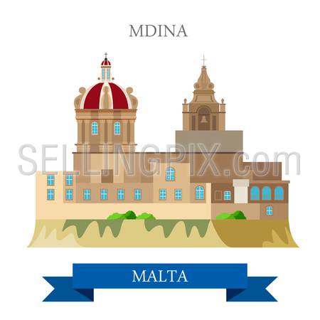 Mdina in Malta. Flat cartoon style historic sight showplace attraction web site vector illustration. World countries cities vacation travel sightseeing collection.