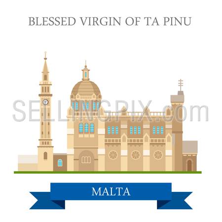 Blessed Virgin of Ta Pinu in Malta. Flat cartoon style historic sight showplace attraction web site vector illustration. World countries cities vacation travel sightseeing collection.