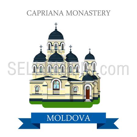 Capriana Monastery in Moldova. Flat cartoon style historic sight showplace attraction web site vector illustration. World countries cities vacation travel sightseeing collection.
