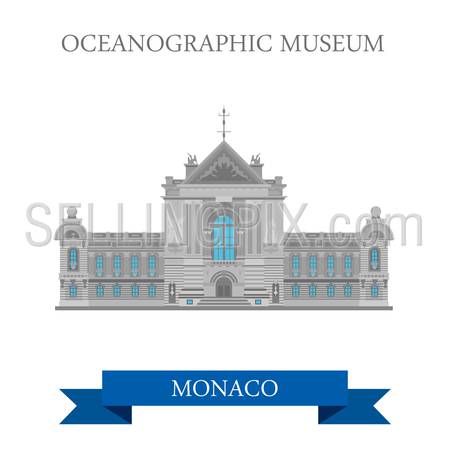 Oceanographic Museum in Monaco. Flat cartoon style historic sight showplace attraction web site vector illustration. World countries cities vacation travel sightseeing collection.