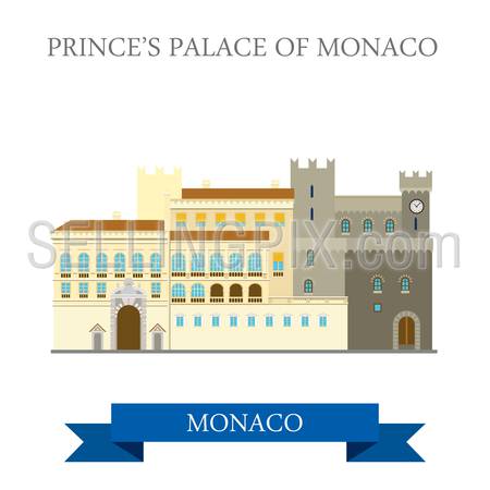 Prince’s Palace in Monaco. Flat cartoon style historic sight showplace attraction web site vector illustration. World countries cities vacation travel sightseeing collection.