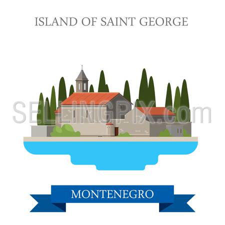 Island of Saint George in Montenegro. Flat cartoon style historic sight showplace attraction web site vector illustration. World countries cities vacation travel sightseeing collection.