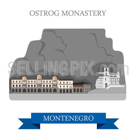 Ostrog Monastery in Montenegro. Flat cartoon style historic sight showplace attraction web site vector illustration. World countries cities vacation travel sightseeing collection.