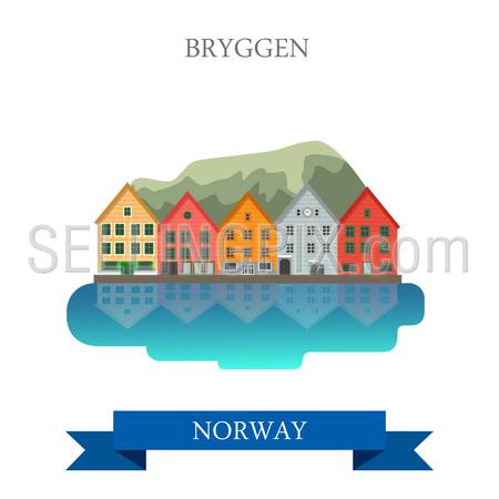 Bryggen in Norway. Flat cartoon style historic sight showplace attraction web site vector illustration. World countries cities vacation travel sightseeing collection.