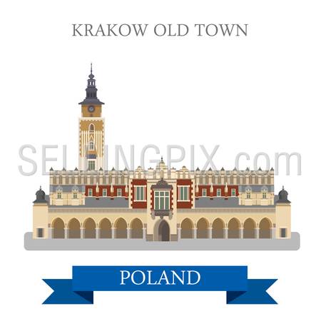 Krakow Old Town in Poland. Flat cartoon style historic sight showplace attraction web site vector illustration. World countries cities vacation travel sightseeing collection.