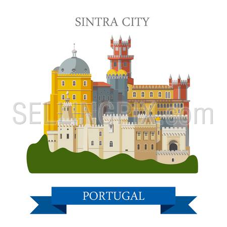 Sintra City in Portugal. Flat cartoon style historic sight showplace attraction web site vector illustration. World countries cities vacation travel sightseeing collection.
