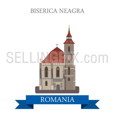 Biserica Neagra in Romania. Flat cartoon style historic sight showplace attraction web site vector illustration. World countries cities vacation travel sightseeing collection.