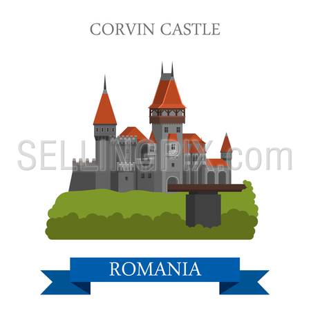 Corvin Castle in Romania. Flat cartoon style historic sight showplace attraction web site vector illustration. World countries cities vacation travel sightseeing collection.