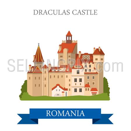 Drakula’s Castle in Romania. Flat cartoon style historic sight showplace attraction web site vector illustration. World countries cities vacation travel sightseeing collection.