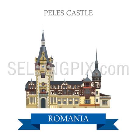 Peles Castle in Romania. Flat cartoon style historic sight showplace attraction web site vector illustration. World countries cities vacation travel sightseeing collection.