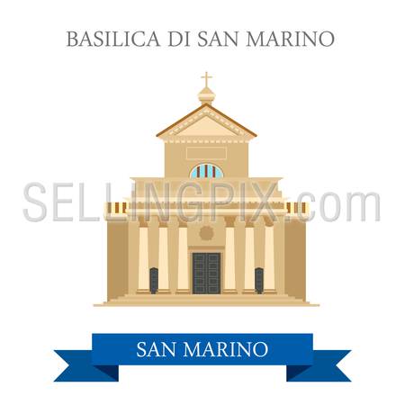 Basilica di San Marino. Flat cartoon style historic sight showplace attraction web site vector illustration. World countries cities vacation travel sightseeing collection.