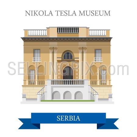 Nikola Tesla Museum in Belgrade Serbia. Flat cartoon style historic sight showplace attraction web site vector illustration. World countries cities vacation travel sightseeing collection.