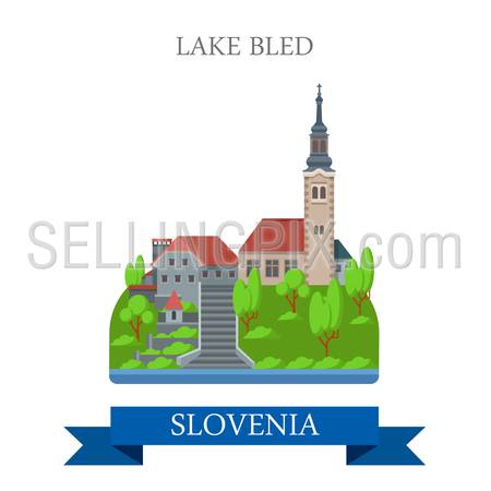 Lake Bled in Slovenia. Flat cartoon style historic sight showplace attraction web site vector illustration. World countries cities vacation travel sightseeing collection.