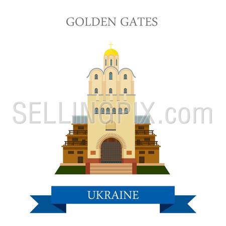 Golden Gates in Kyiv Kiev Ukraine. Flat cartoon style historic sight showplace attraction web site vector illustration. World countries cities vacation travel sightseeing collection.