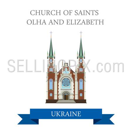 Church of Sts Olha and Elizabeth in Lviv Ukraine. Flat cartoon style historic sight showplace attraction web site vector illustration. World countries cities vacation travel sightseeing collection.