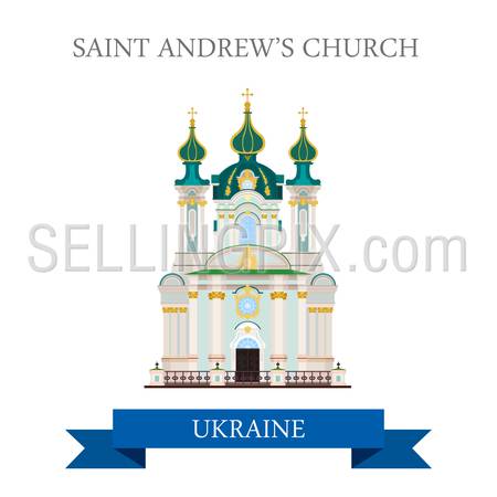 St Andrew’s Church in Kyiv Kiev Ukraine. Flat cartoon style historic sight showplace attraction web site vector illustration. World countries cities vacation travel sightseeing collection.