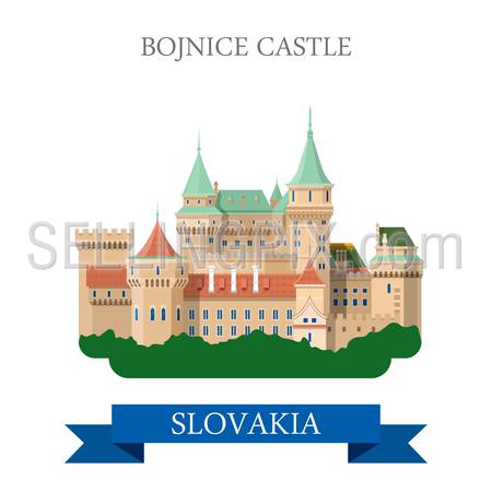 Bojnice Castle in Slovakia. Flat cartoon style historic sight showplace attraction web site vector illustration. World countries cities vacation travel sightseeing collection.