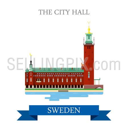 City Hall in Stockholm Sweden. Flat cartoon style historic sight showplace attraction web site vector illustration. World countries cities vacation travel sightseeing collection.