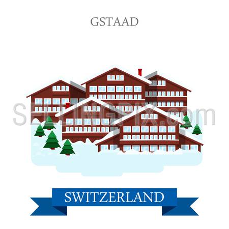 Gstaad in Switzerland. Flat cartoon style historic sight showplace attraction web site vector illustration. World countries cities vacation travel sightseeing collection.