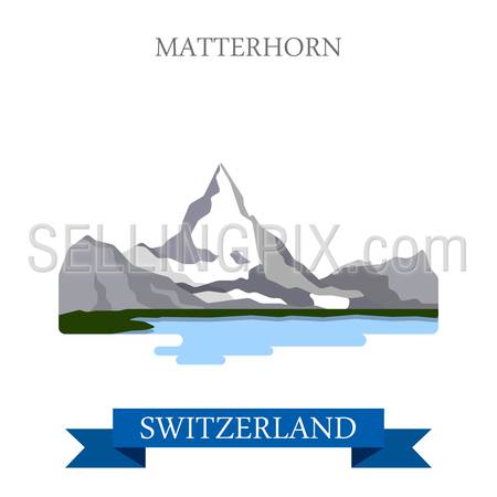 Matterhorn in Switzerland. Flat cartoon style historic sight showplace attraction web site vector illustration. World countries cities vacation travel sightseeing collection.