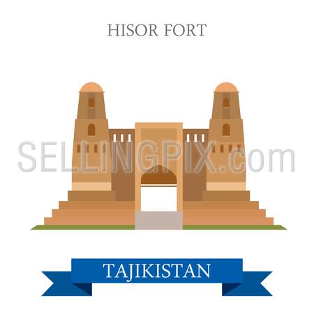 Hisor Fort in Dushanbe Tajikistan. Flat cartoon style historic sight showplace attraction web site vector illustration. World countries cities vacation travel sightseeing Asia collection.