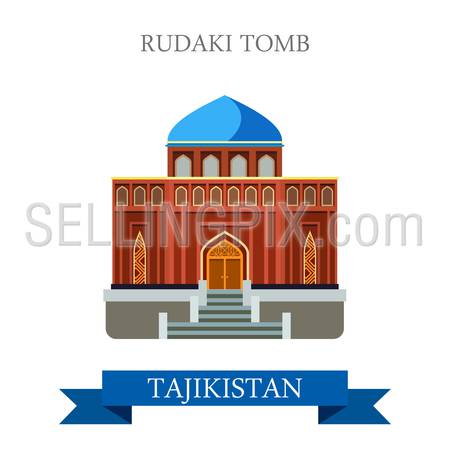 Rudaki Poet Tomb in Tajikistan. Flat cartoon style historic sight showplace attraction web site vector illustration. World countries cities vacation travel sightseeing Asia collection.