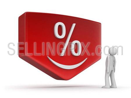 Sale/discount series (3d isolated character, red plate, arrow, smiling percentage sign)