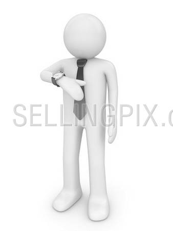 Man with tie looking at watch (people at office, stuff, manager series; 3d isolated character)